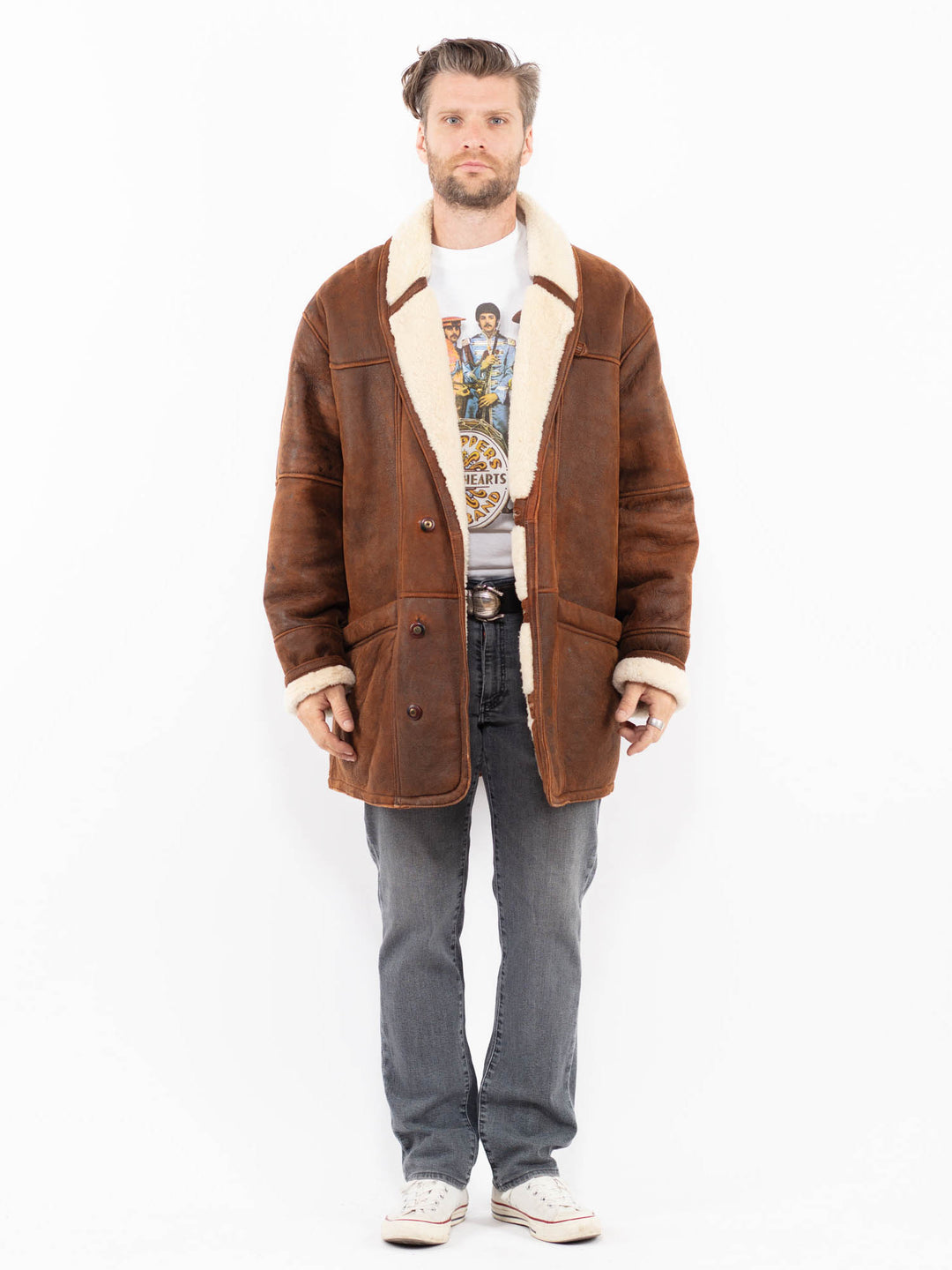 Vintage 90's Men Sheepskin Coat in BrownZ1985
