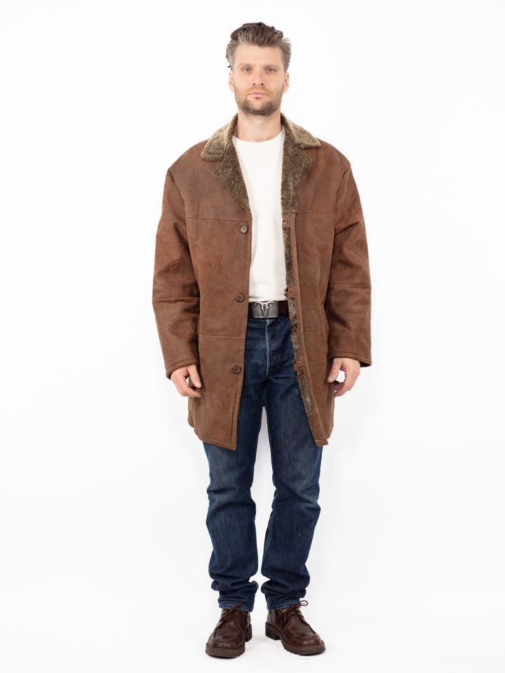 Vintage 90. gadu vīriešu aitādas mētelis brūnā krāsā