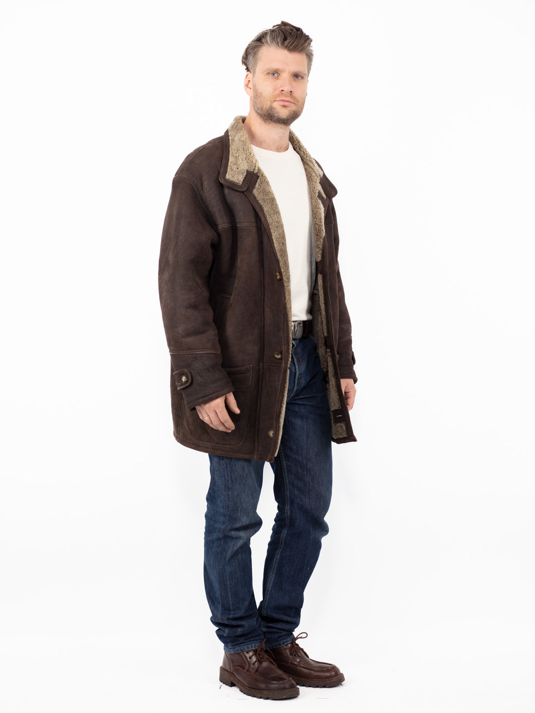 Vintage 90. gadu vīriešu aitādas mētelis brūnā krāsā