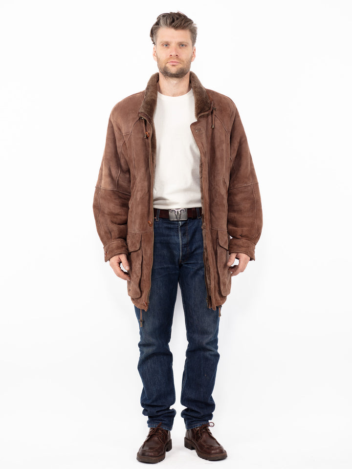 Vintage 90. gadu vīriešu aitādas mētelis brūnā krāsā