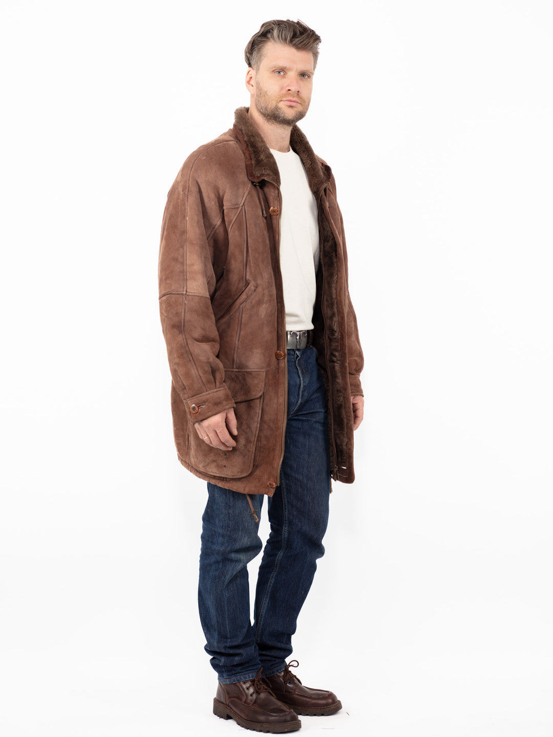 Vintage 90. gadu vīriešu aitādas mētelis brūnā krāsā