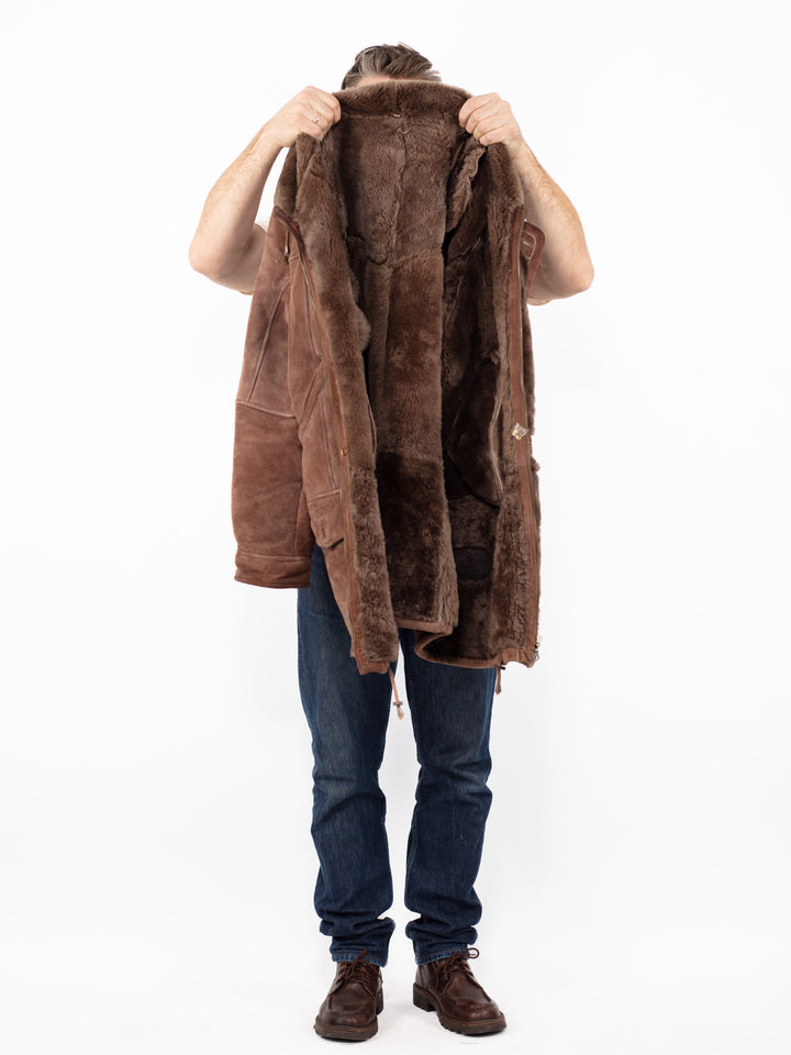 Vintage 90. gadu vīriešu aitādas mētelis brūnā krāsā