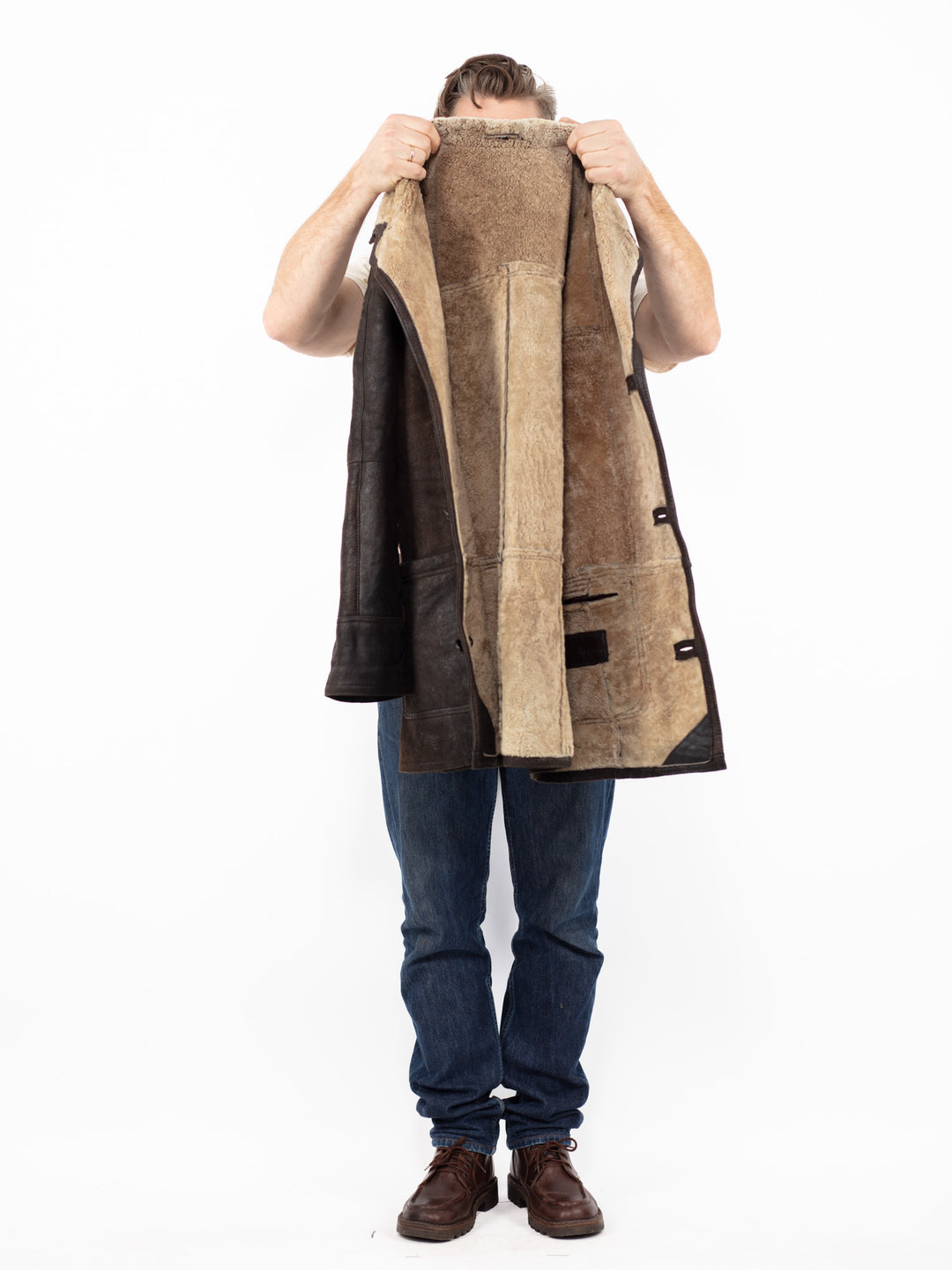 Vintage 90. gadu vīriešu aitādas mētelis brūnā krāsā