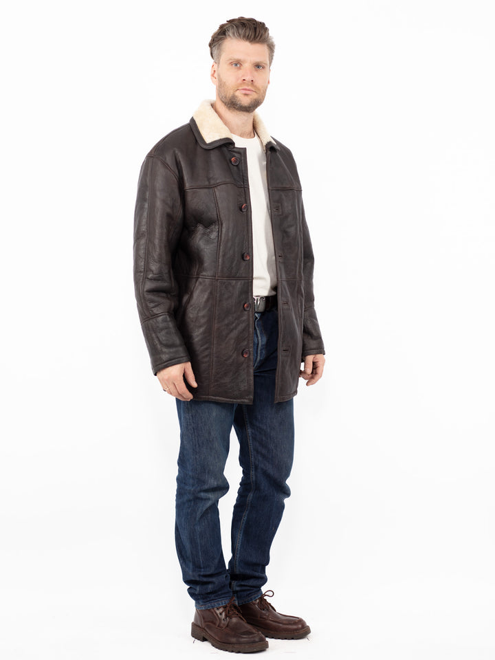 Vintage 90. gadu vīriešu aitādas mētelis brūnā krāsā