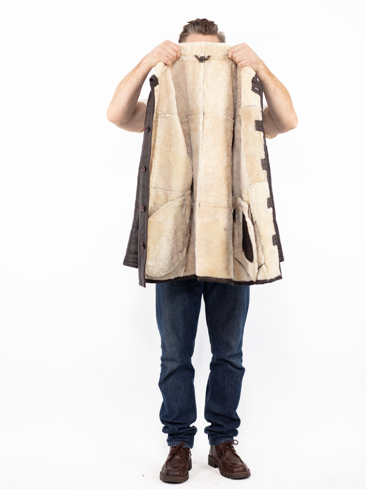 Vintage 90. gadu vīriešu aitādas mētelis brūnā krāsā