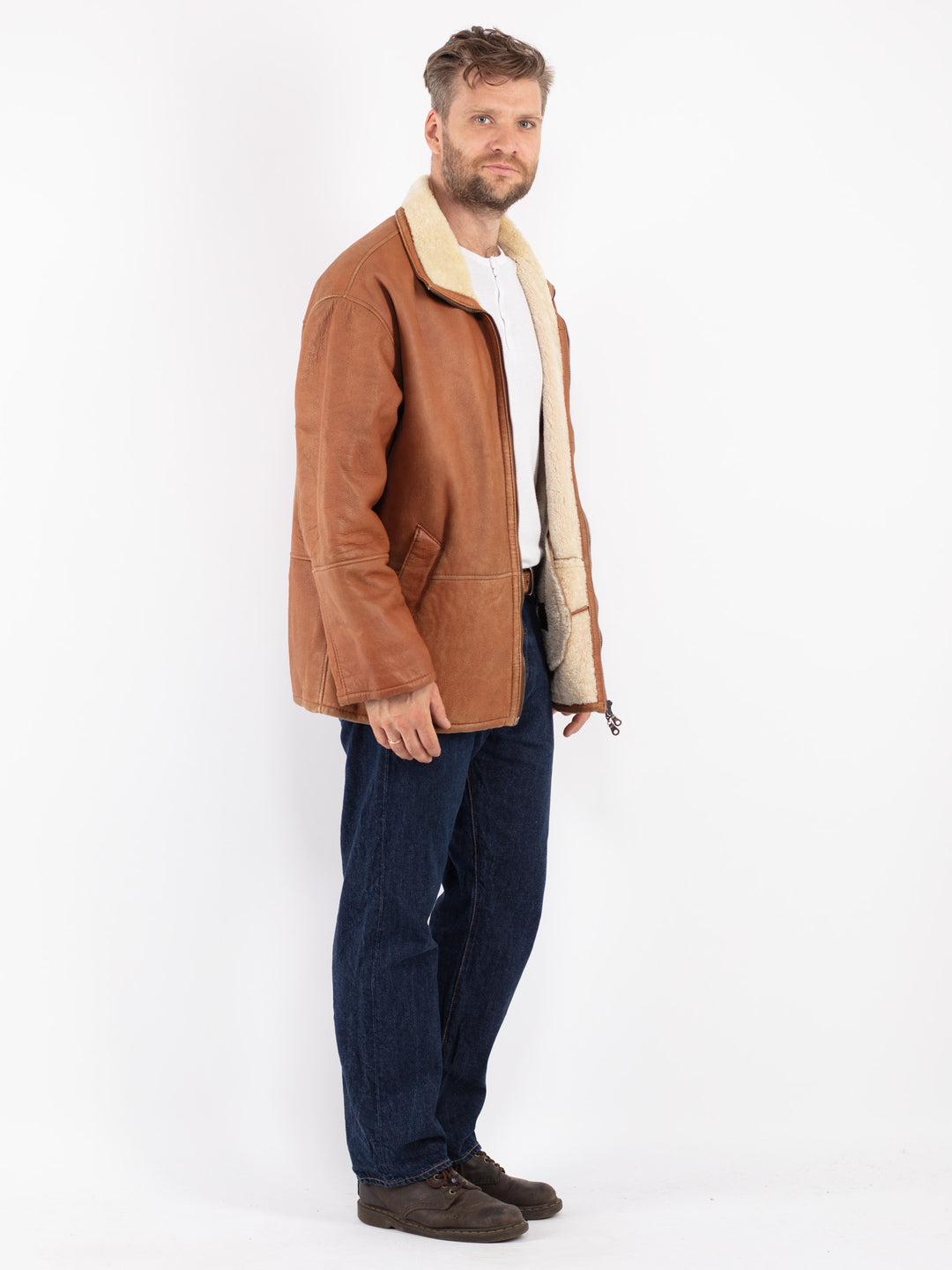 Vintage Men Sheepskin Coat in Brown