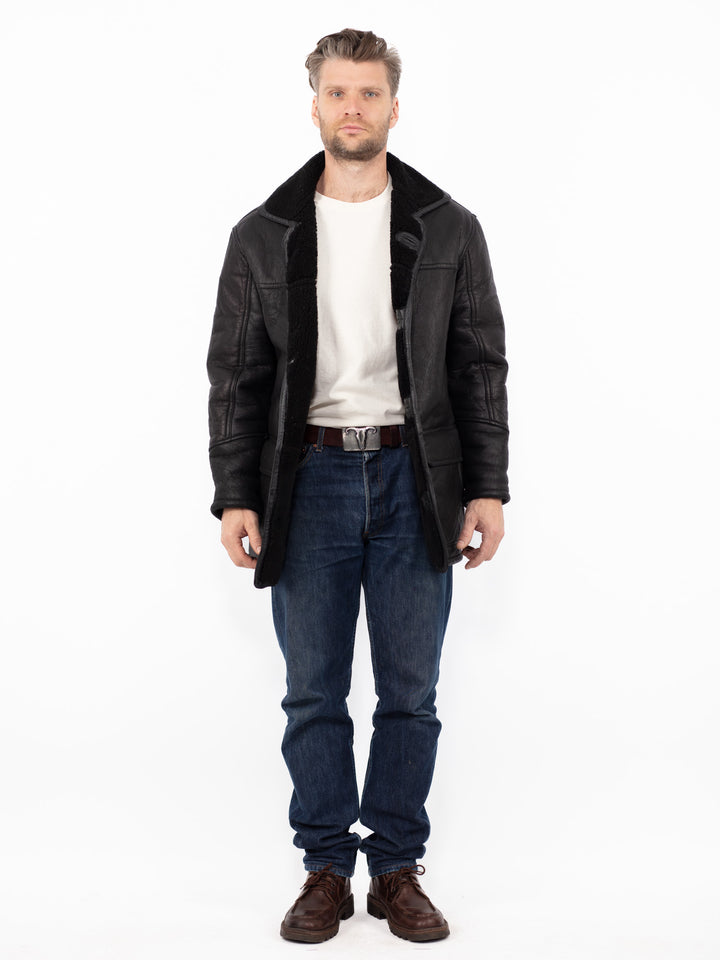 Vintage 90. gadu vīriešu aitādas ādas mētelis melnā krāsā