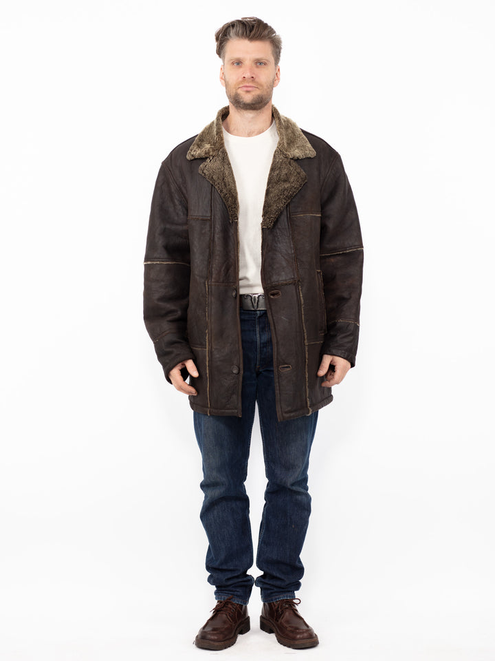 Vintage 90. gadu vīriešu aitādas mētelis brūnā krāsā