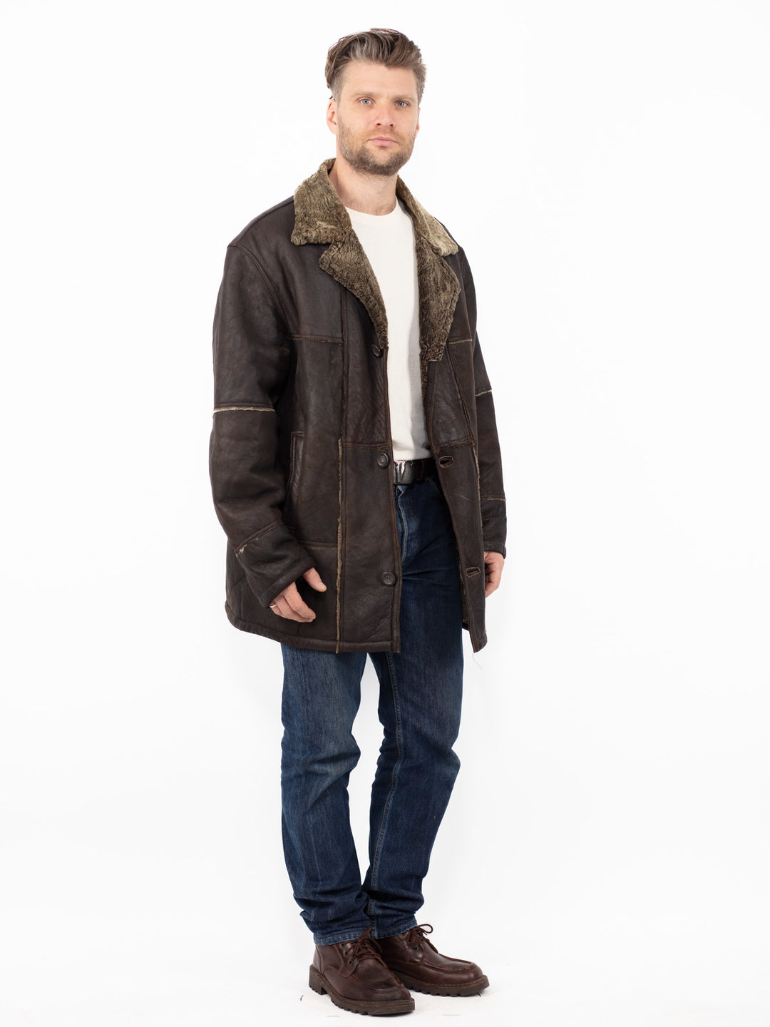 Vintage 90. gadu vīriešu aitādas mētelis brūnā krāsā