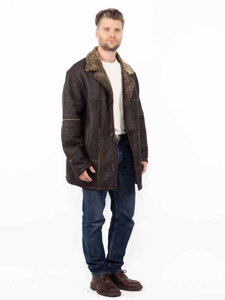 Vintage 90. gadu vīriešu aitādas mētelis brūnā krāsā