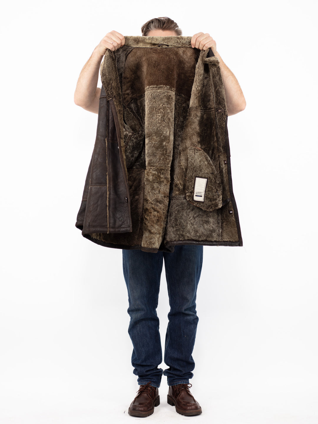 Vintage 90. gadu vīriešu aitādas mētelis brūnā krāsā