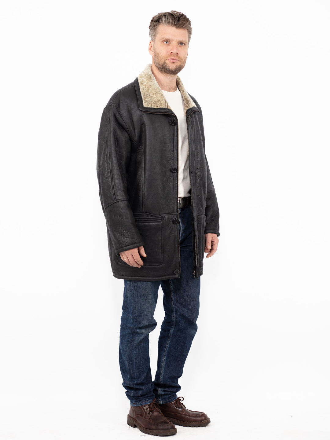 Vintage 90. gadu vīriešu aitādas ādas mētelis melnā krāsā