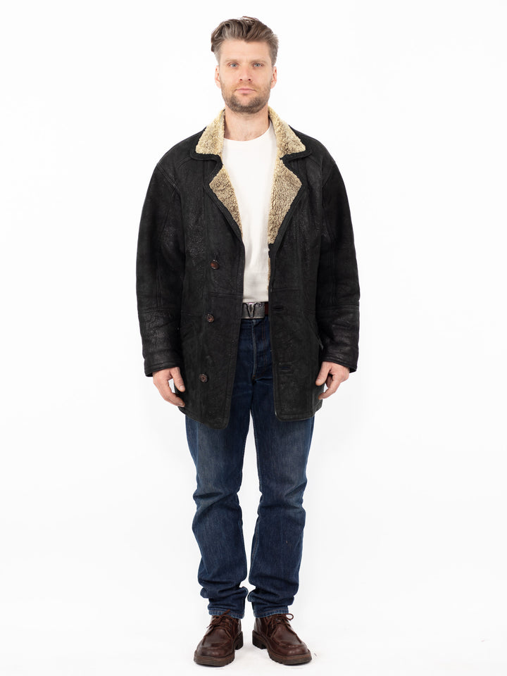 Vintage 90. gadu vīriešu aitādas mētelis melnā krāsā