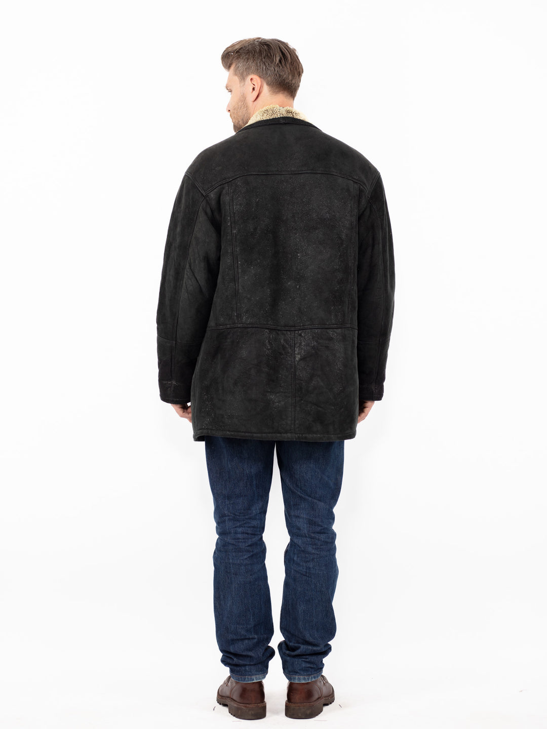 Vintage 90. gadu vīriešu aitādas mētelis melnā krāsā