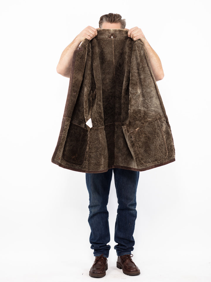 Vintage 90. gadu vīriešu aitādas mētelis brūnā krāsā