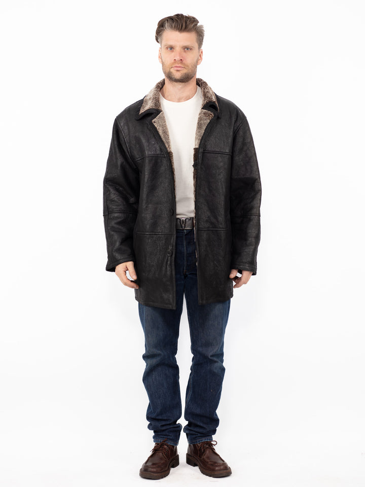 Vintage 90. gadu vīriešu aitādas ādas mētelis melnā krāsā