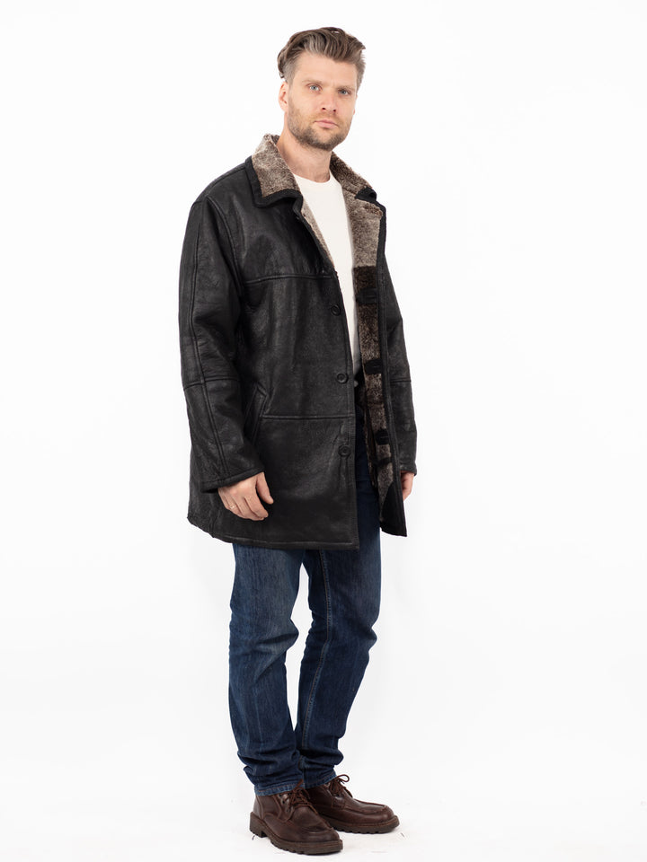 Vintage 90. gadu vīriešu aitādas ādas mētelis melnā krāsā