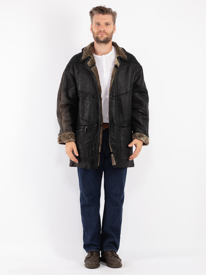 Vintage 90's Men Sheepskin Coat in Black