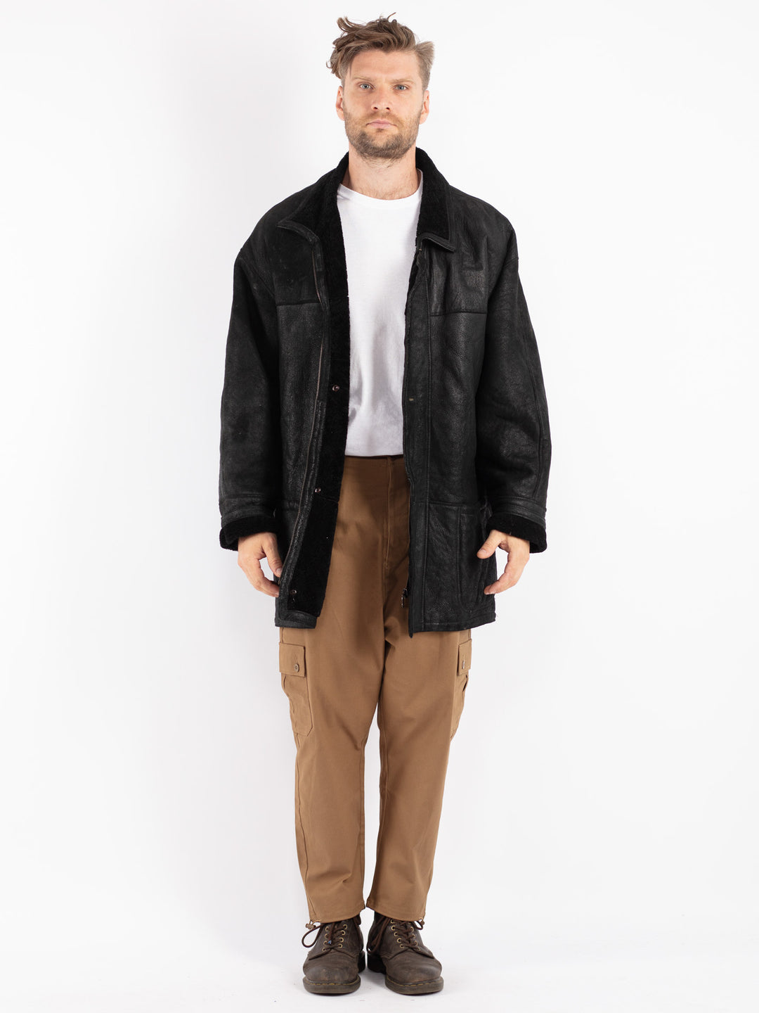 Vintage 90's Men Sheepskin Coat in Black