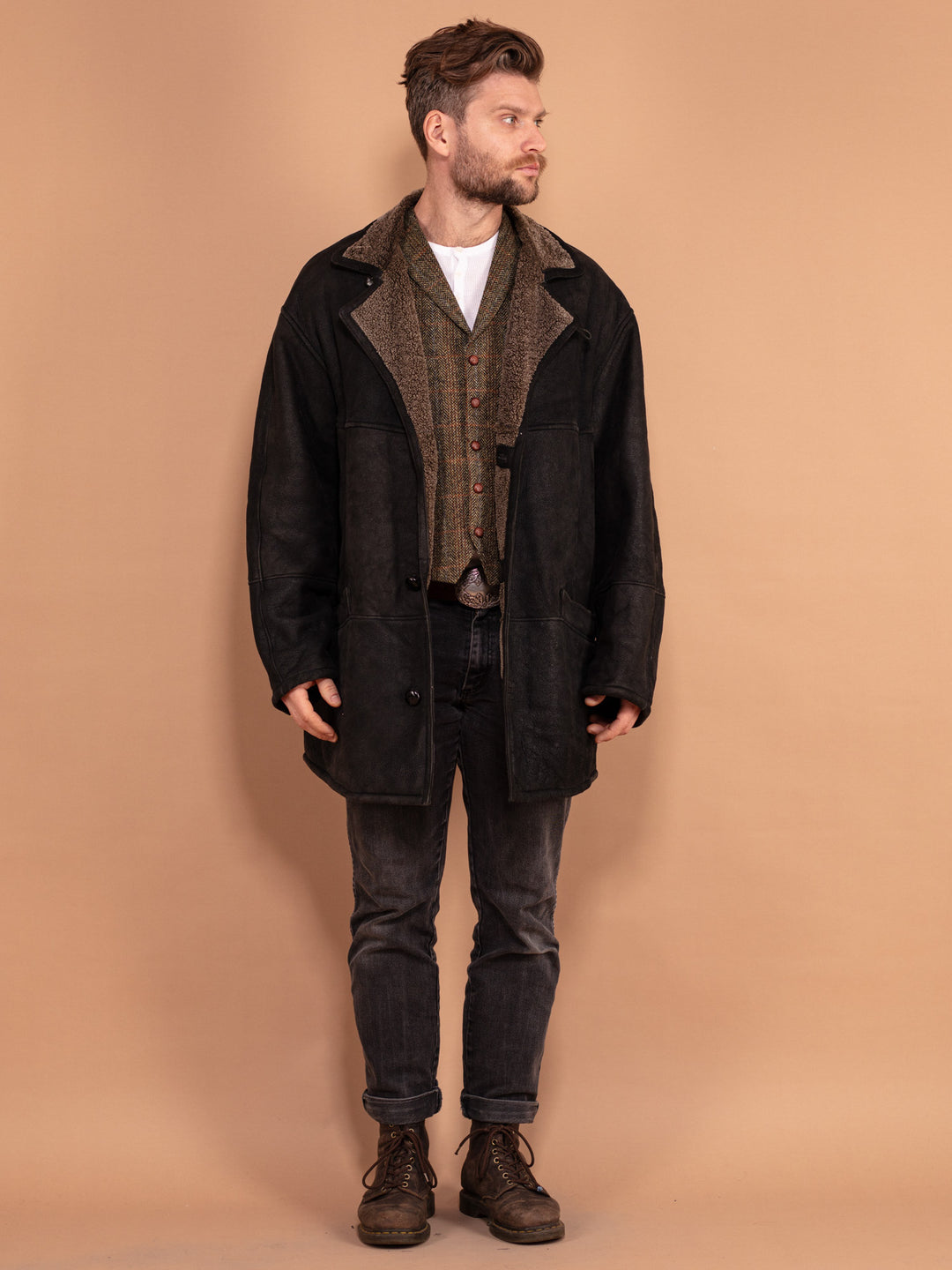 Vintage 90's Men Sheepskin Coat in Black - NorthernGrip