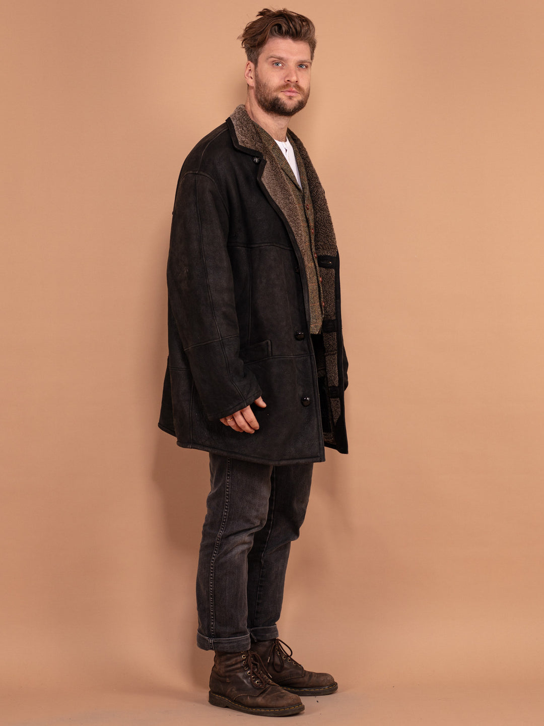 Vintage 90's Men Sheepskin Coat in Black - NorthernGrip
