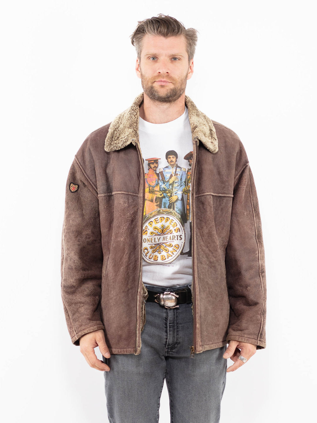 Vintage 90's Men Sheepskin Shearling Jacket in BrownZ1950
