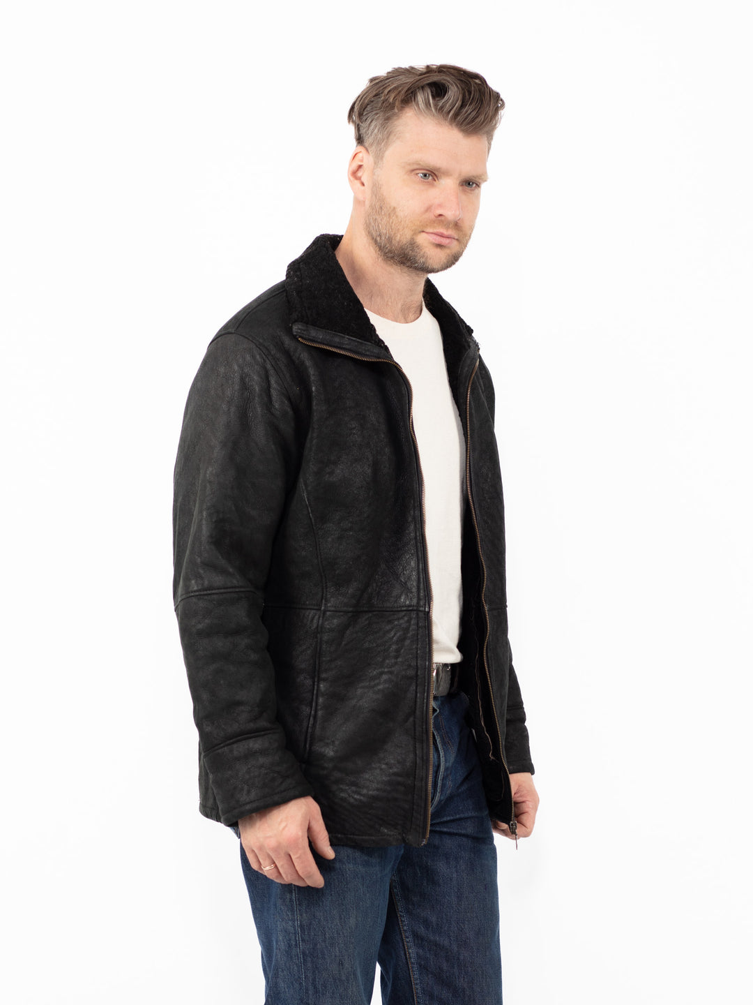 Vintage 90. gadu vīriešu aitādas jaka melnā krāsā