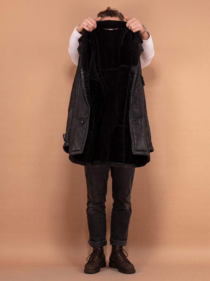 Vintage 90's Men Sheepskin Leather Coat in Black - NorthernGrip