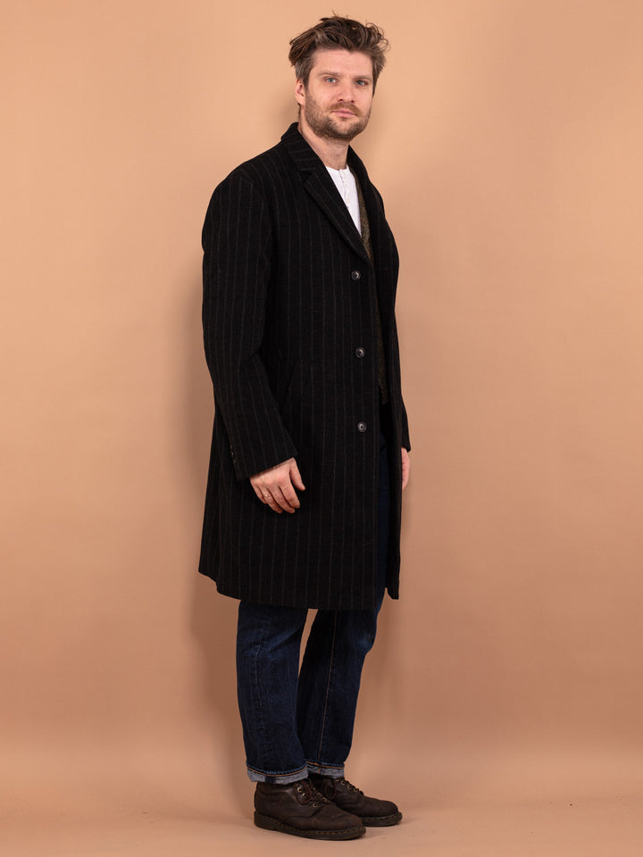 Vintage 90's Men Striped Wool Blend Coat in Gray - NorthernGrip