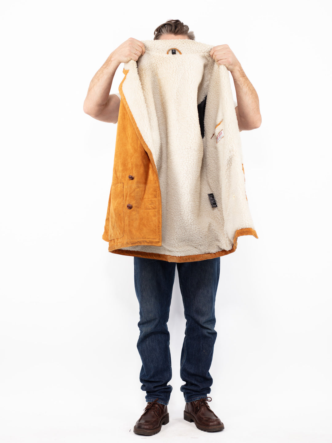 Vintage 90. gadu vīriešu zamšādas šerpu mētelis oranžbrūnā krāsā