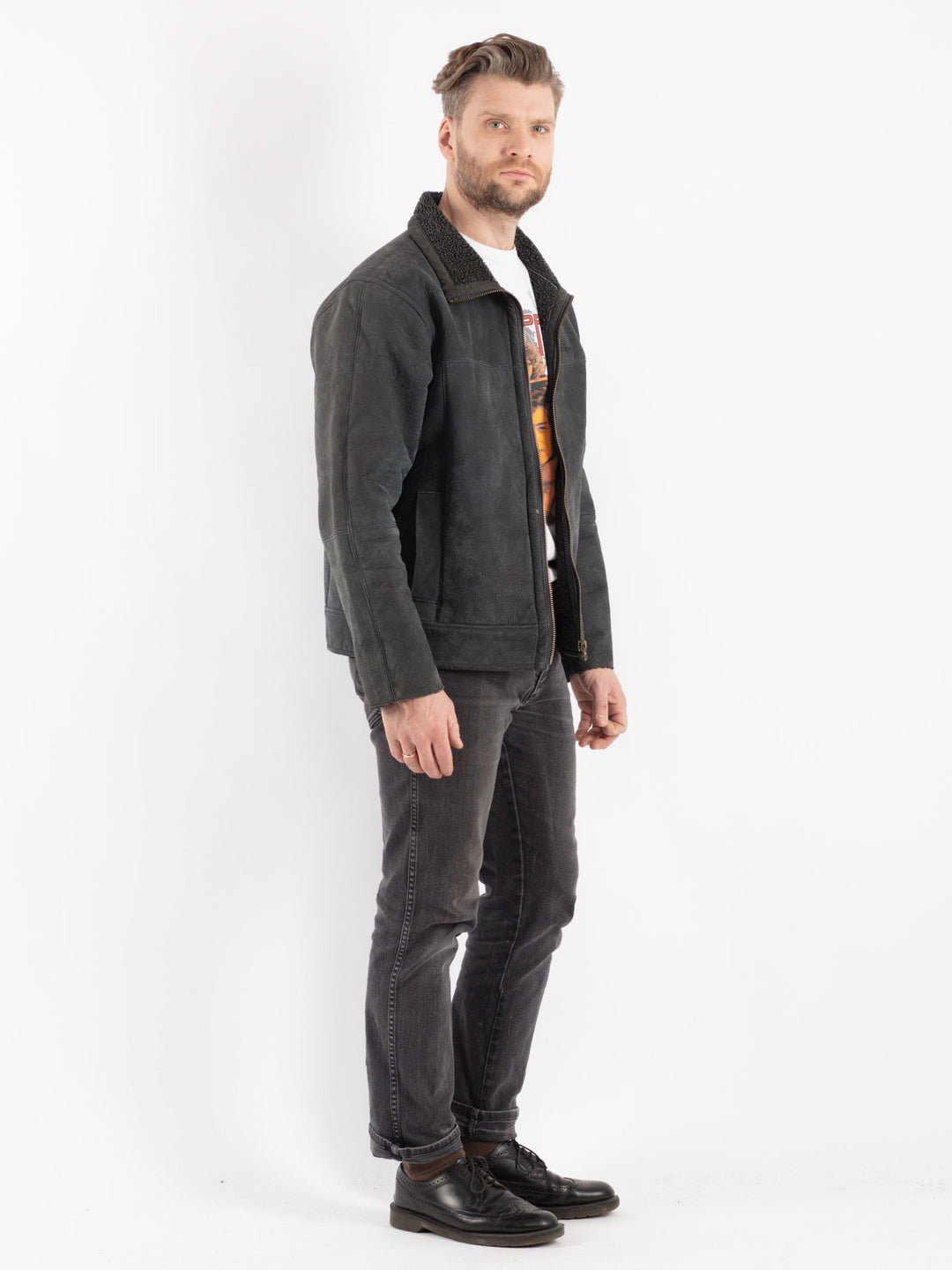 Vintage 90's Men Suede Sherpa Jacket in Gray
