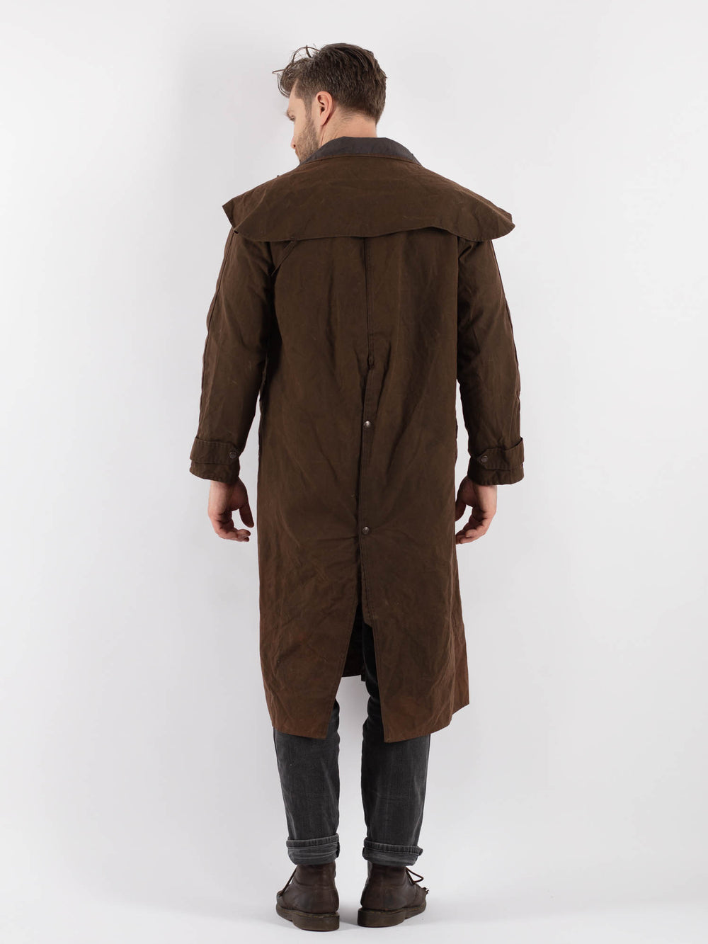 Vintage 90's Men Driza Bone Waxed Canvas Riding Coat in Brown - NorthernGrip