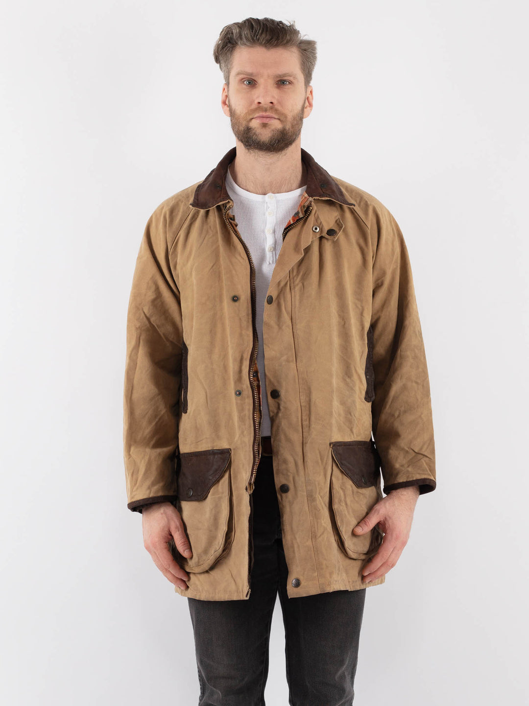 Vintage 90's Men Waxed Canvas Jacket in BeigeZ895
