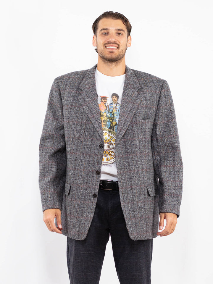 Vintage 90's Men Oversized Wool Blazer Jacket in Gray