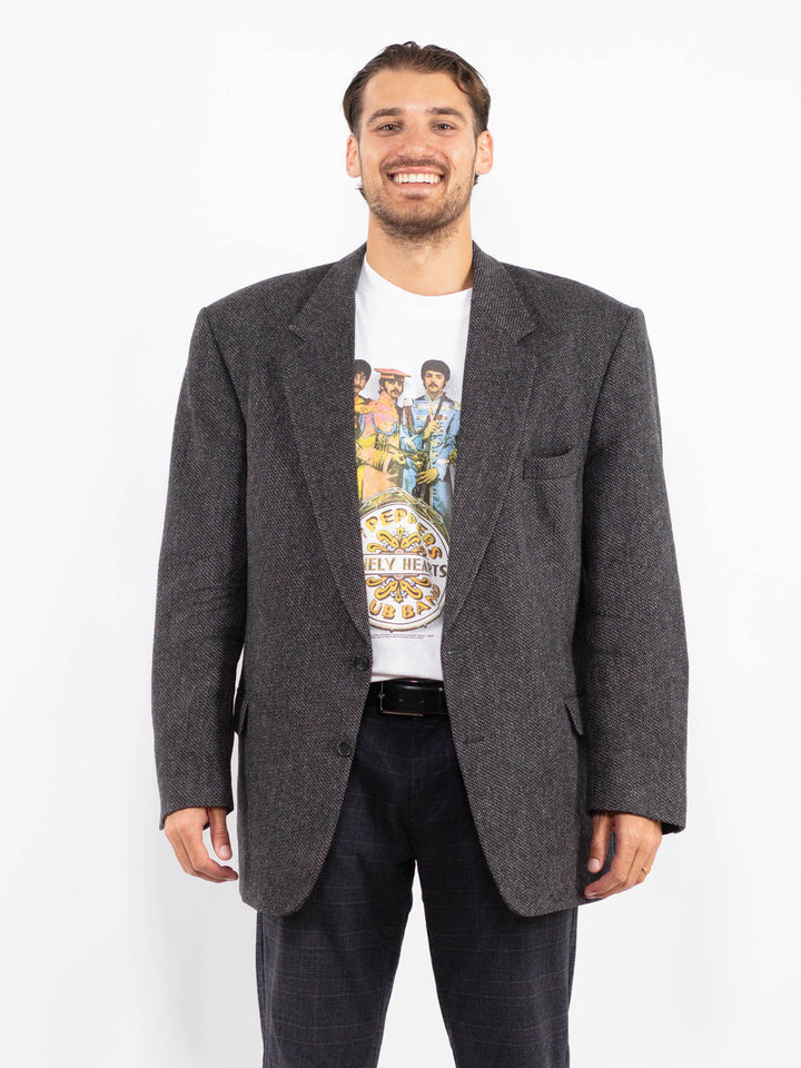 Vintage 90's Men Oversized Wool Blazer Jacket in Gray