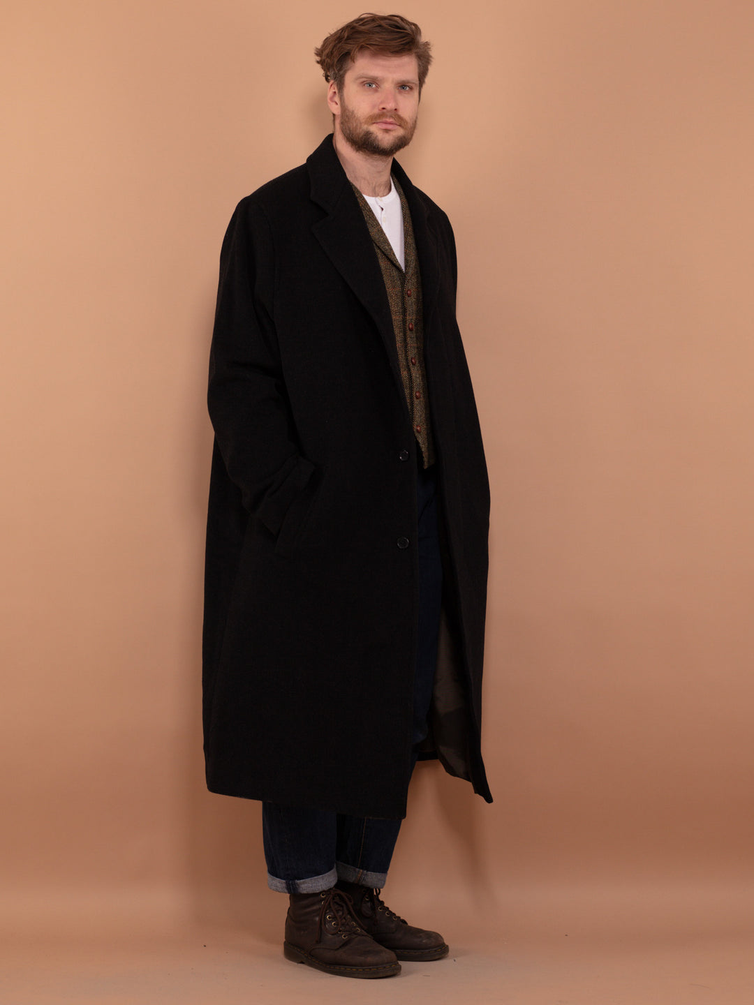 Vintage 90's Men Wool Long Coat in Dark Grey - NorthernGrip
