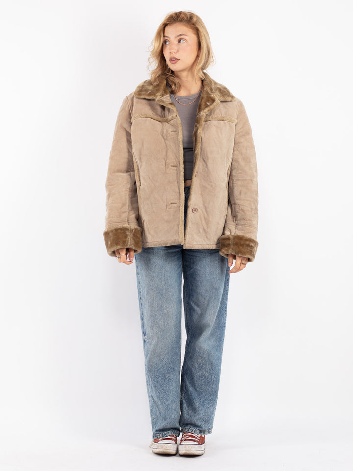 Vintage 90's Women Suede Sherpa Jacket in Beige