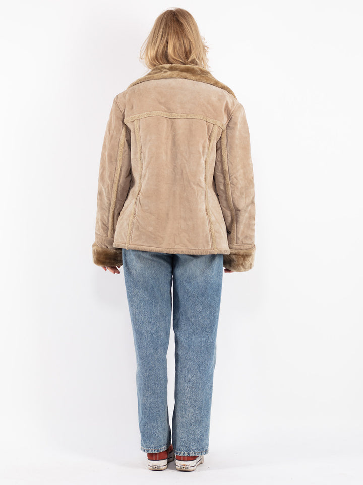 Vintage 90's Women Suede Sherpa Jacket in Beige