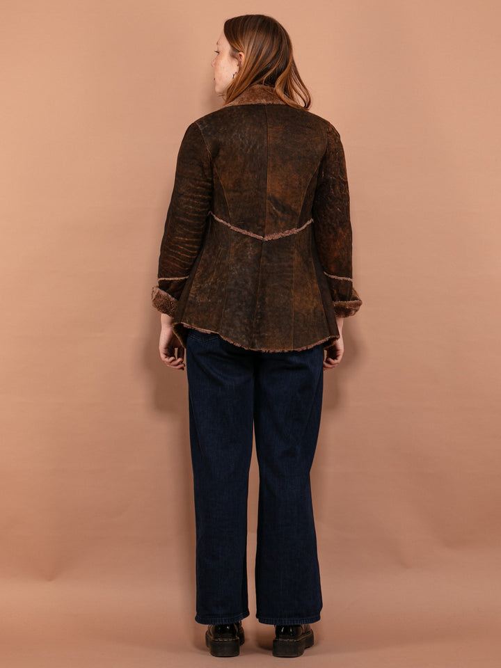 Vintage 90's Women Distressed Sheepskin Jacket in Brown - NorthernGrip