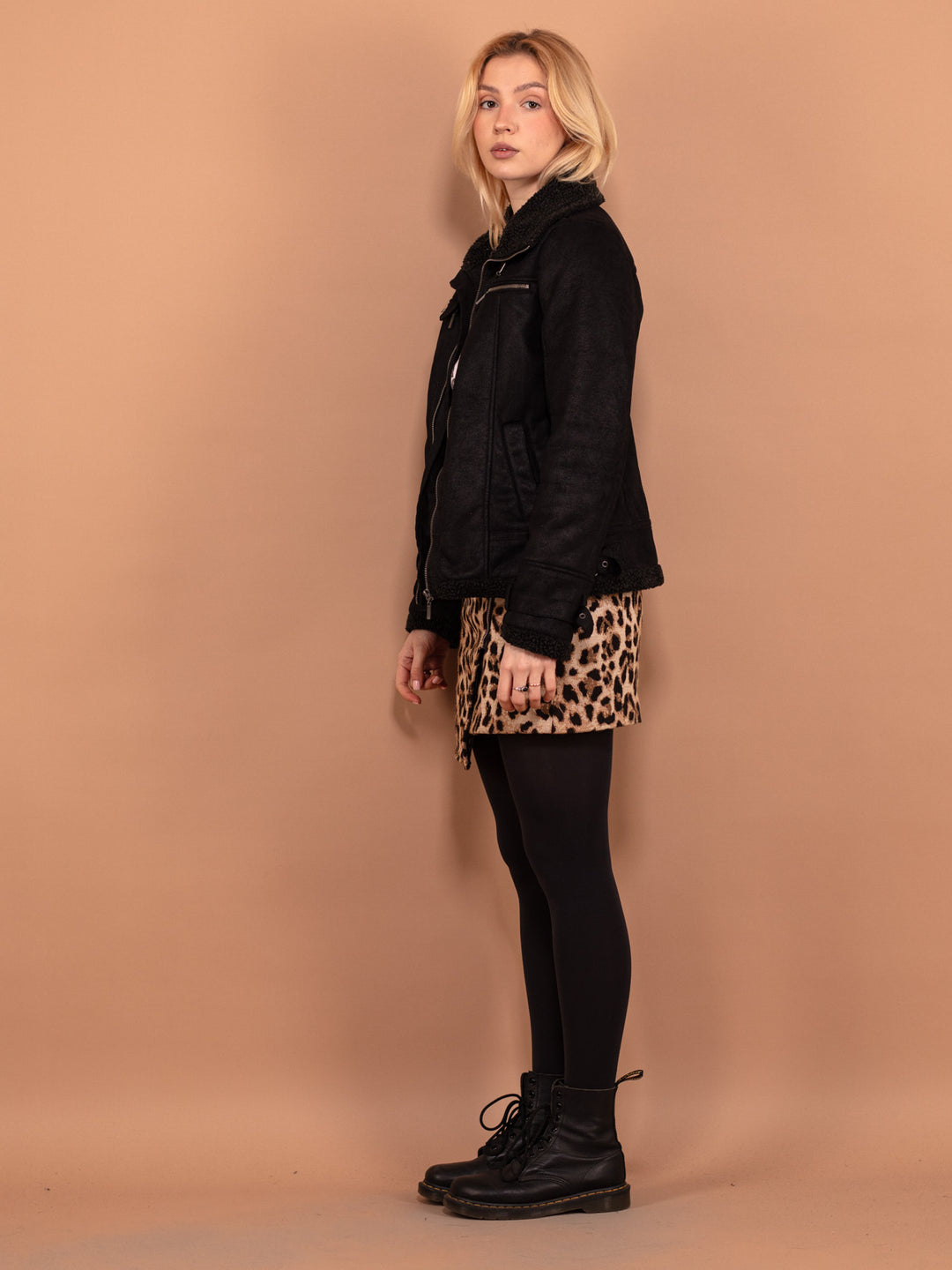 Vintage 90's Women Faux Sheepskin Bomber Jacket in Black - NorthernGrip
