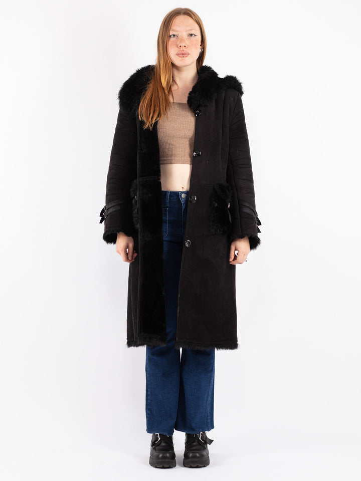Vintage 90's Women Faux Sheepskin Coat in Black