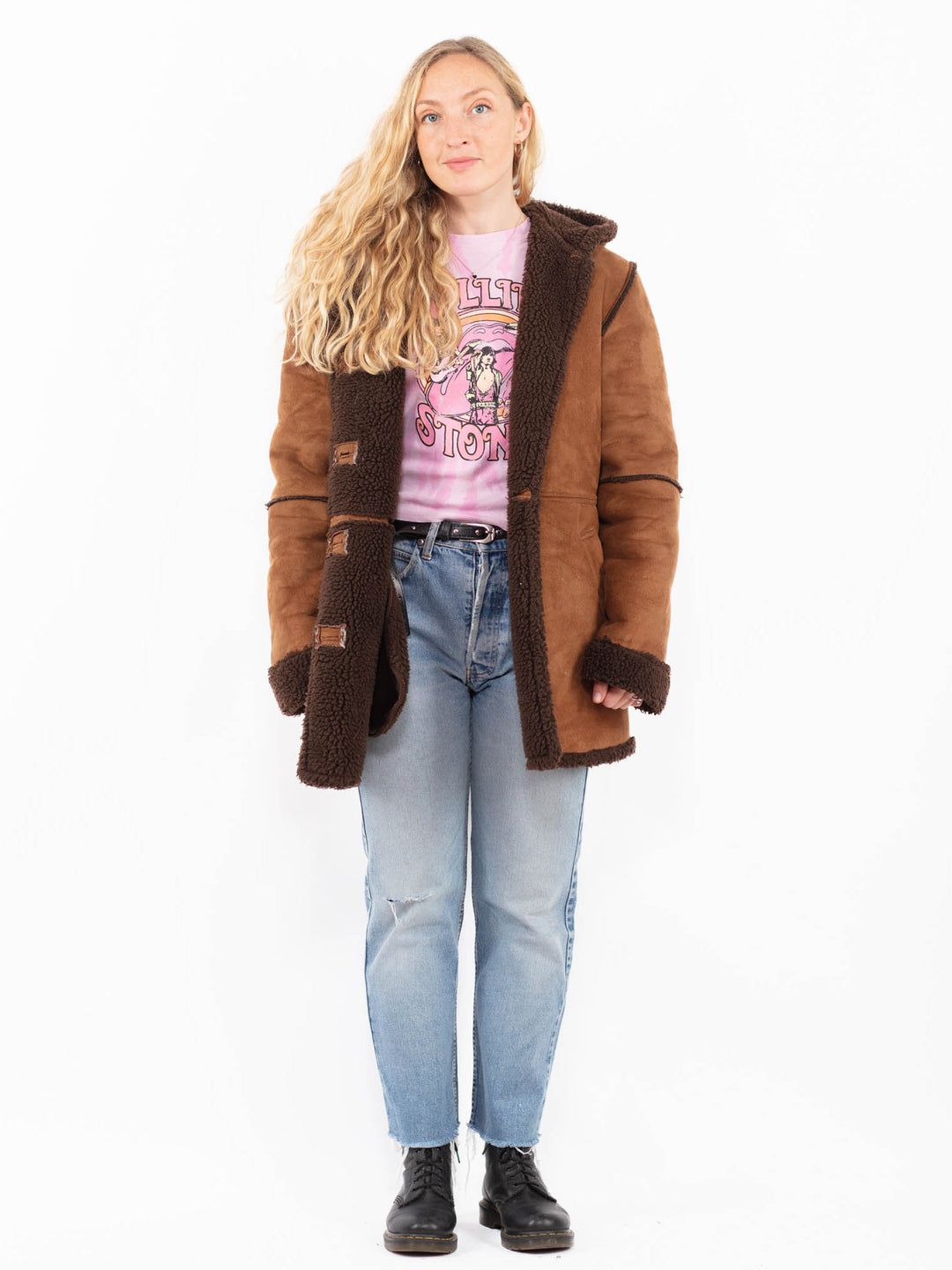 Vintage 90's Women Faux Sheepskin Coat in BrownA0529
