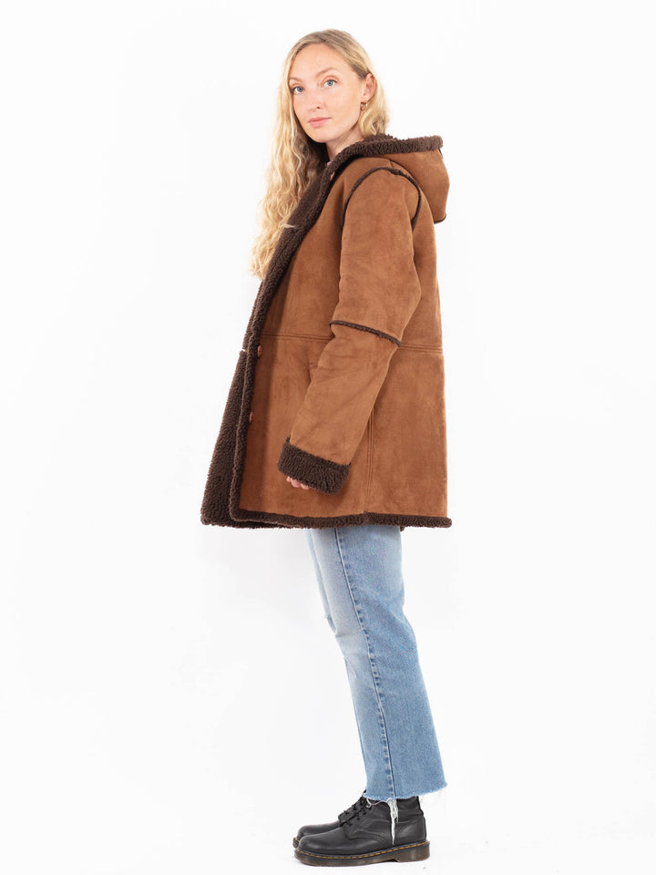 Vintage 90's Women Faux Sheepskin Coat in BrownA0529