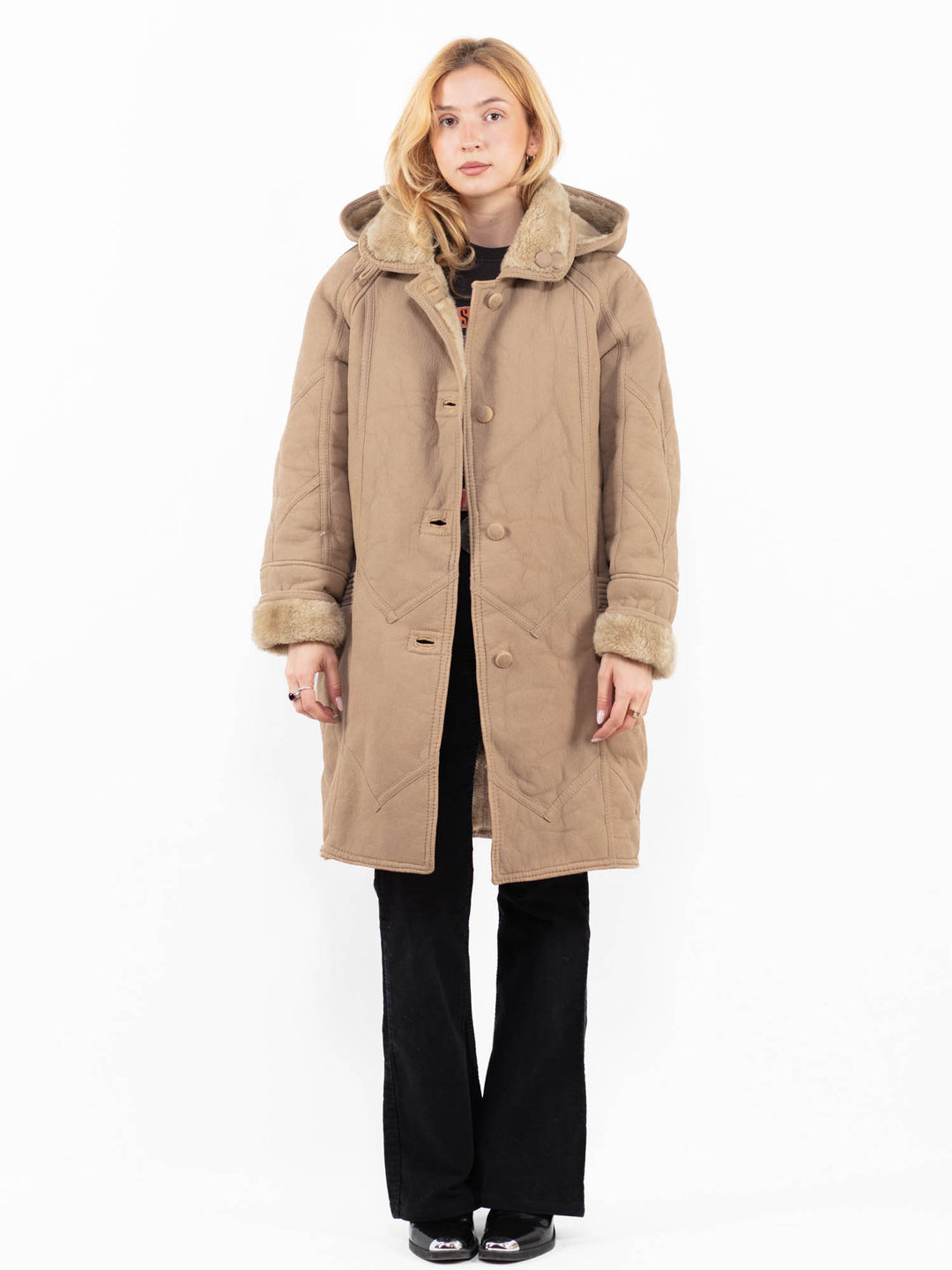 Vintage 90's Women Faux Sheepskin Coat in BeigeA0186