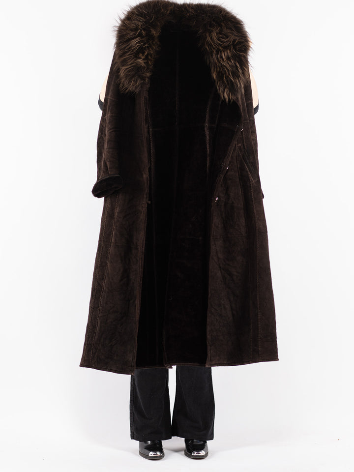 Vintage 90's Women Faux Sheepskin Coat in Brown
