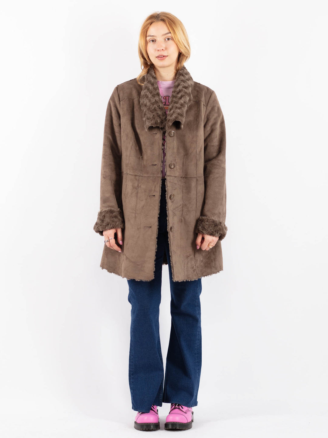 Vintage 90's Women Faux Sheepskin Coat in BeigeV9584
