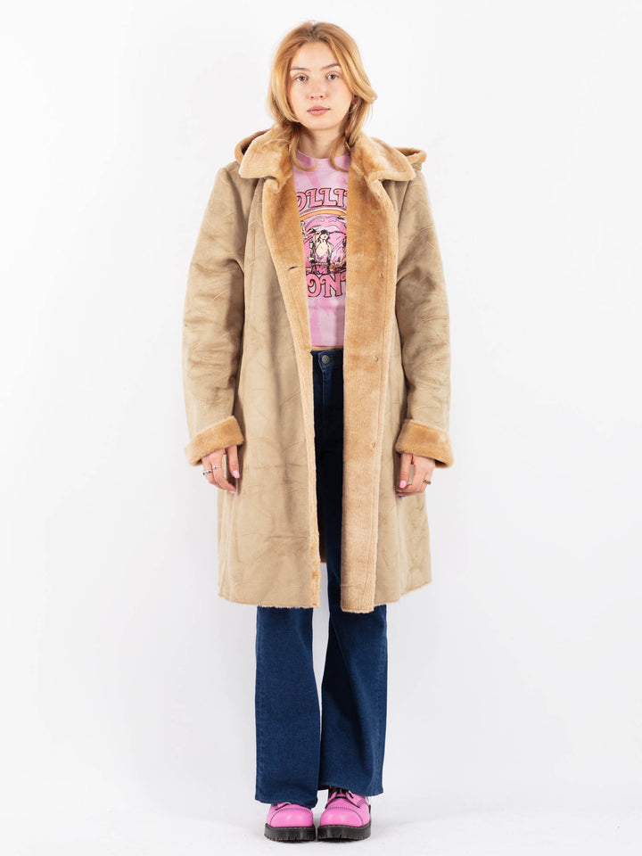 Vintage 90's Women Faux Sheepskin Coat in BeigeV9587