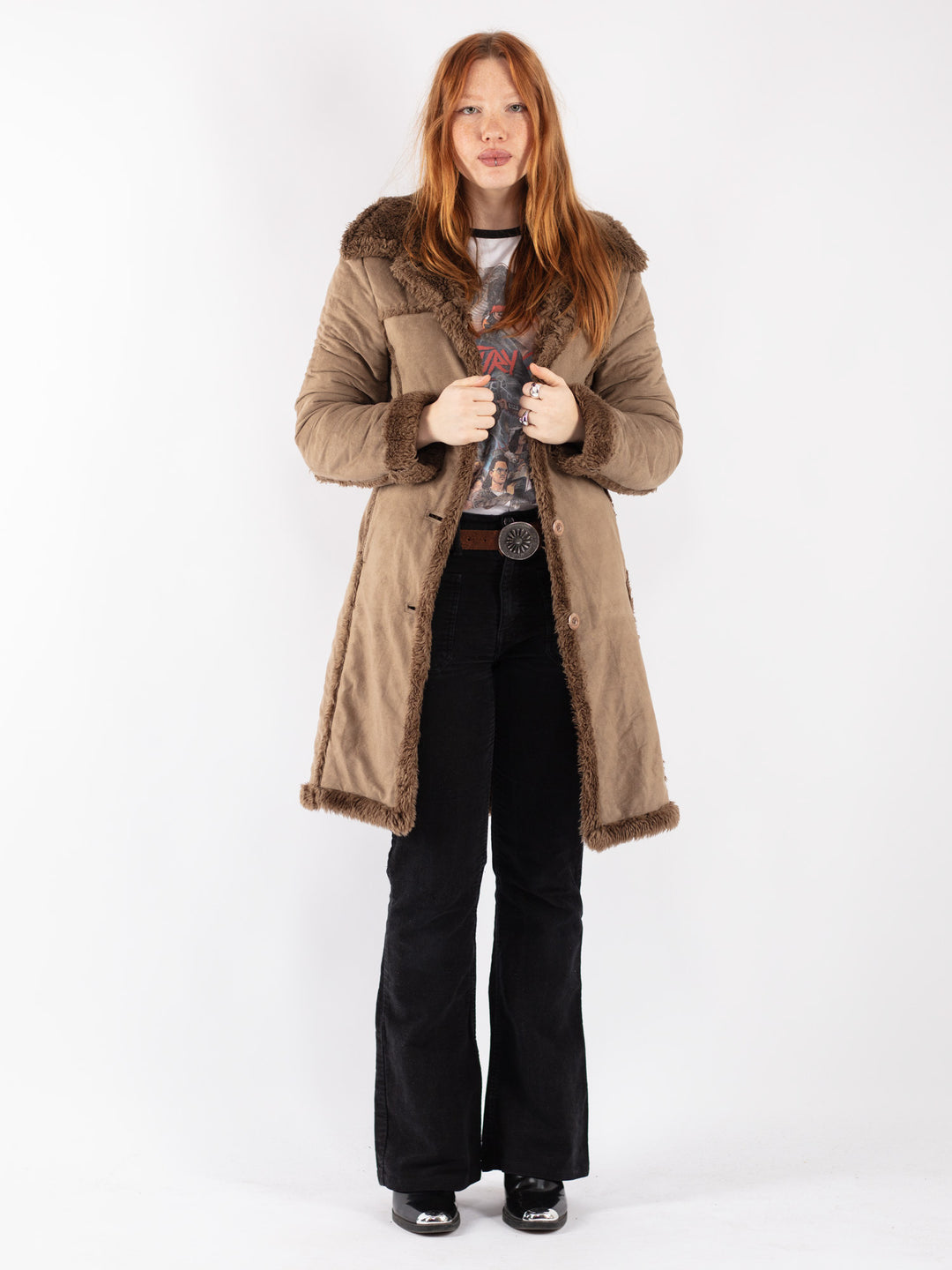 Vintage 90's Women Faux Sheepskin Coat in Beige