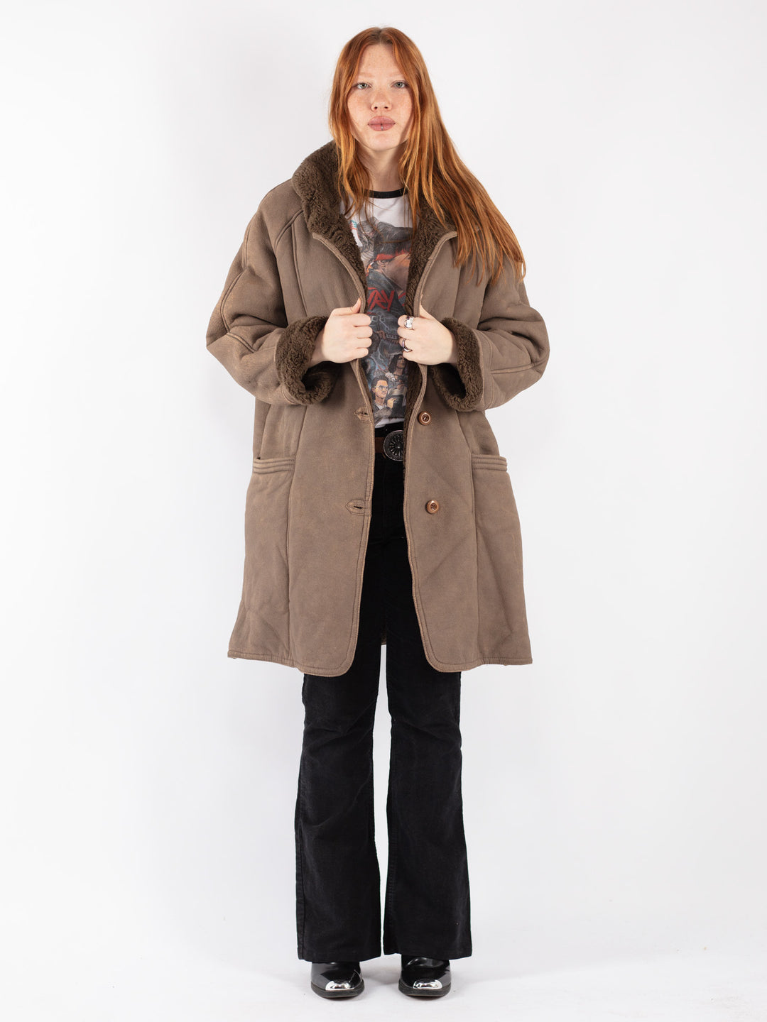 Vintage 90's Women Faux Sheepskin Coat in Beige