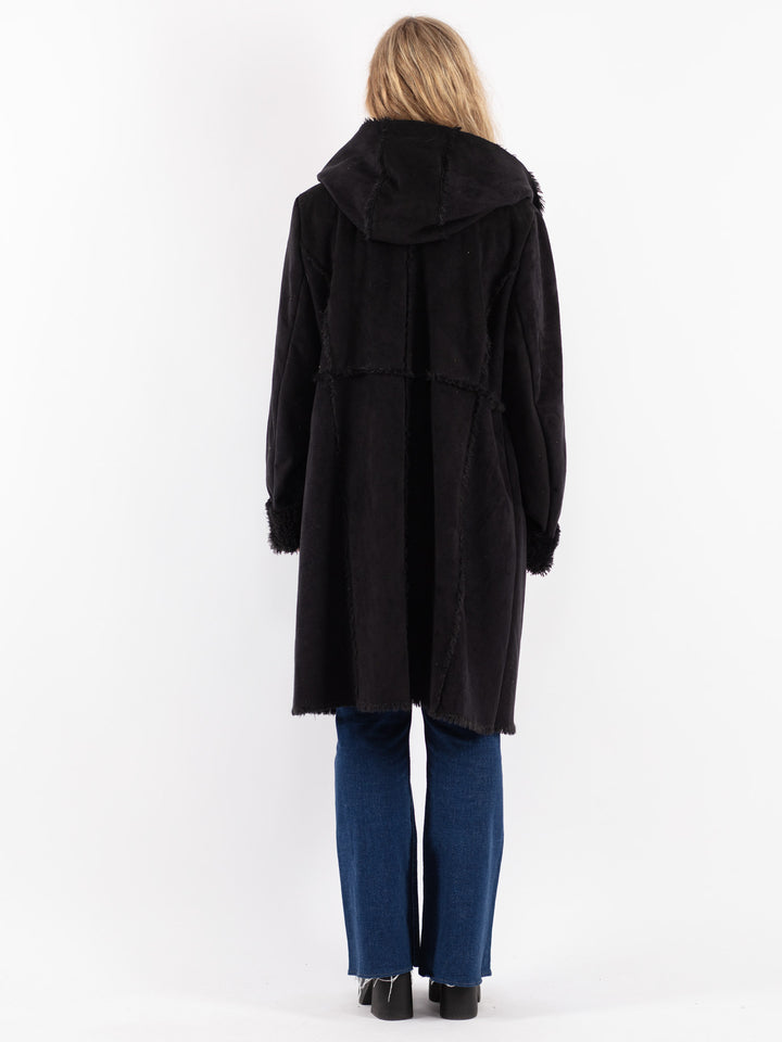 Vintage 90's Women Faux Sheepskin Coat in Black